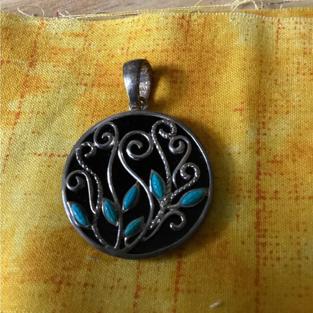 Whitney Kelly “WK” round enhancer/pendant Black onyx/chalcedony Turquoise leaves